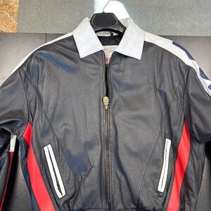 Michael Hoban Black Leather Bomber Jacket with Red and White Accents